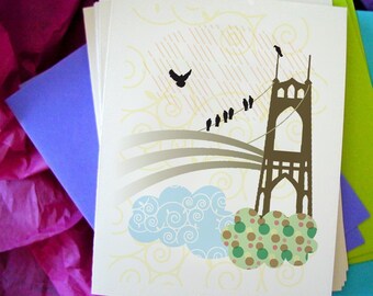 St. Johns Bridge Portland Notecards | Oregon Landmark Illustration Set of 6