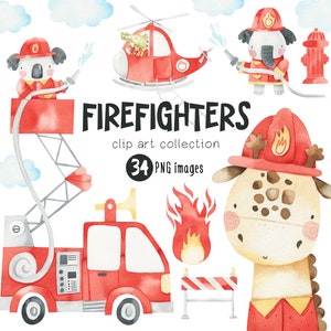 Firefighters clipart set. Watercolor cute animals, firetrucks, fire man. Emergency. Baby boy Nursery. PNG. Digital Download,Commercial Use.