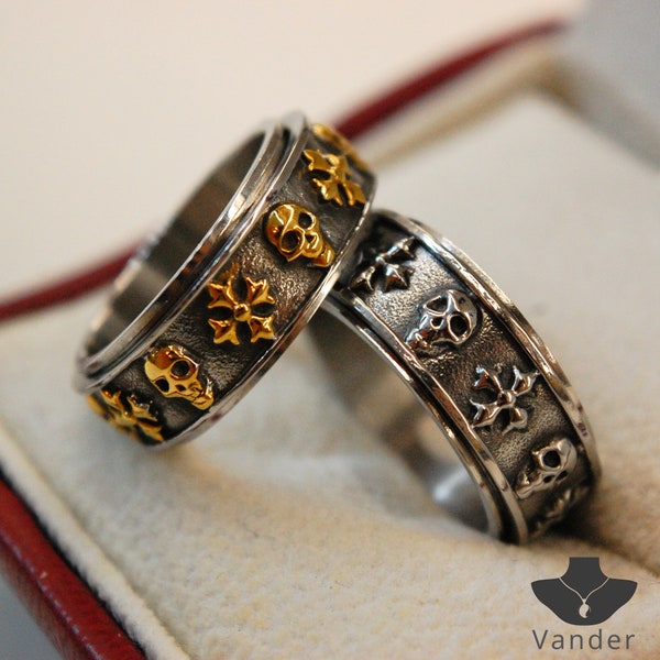 Fidget Skull Cross Ring For Men - Stainless Steel Spinner Ring For Stress Relief, Gothic Fidget Ring, Goth Anxiety Ring For Him