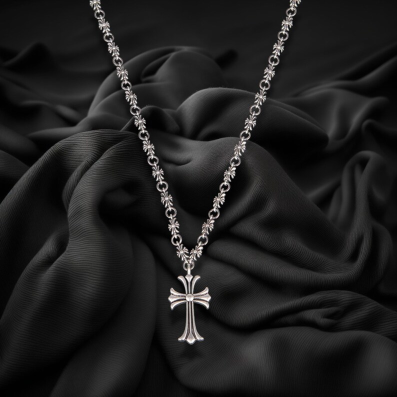 Chrome Style Necklace Silver Plated Gothic Chain with Cross Design, Unique Cross-Inspired Chrome Jewelry image 6