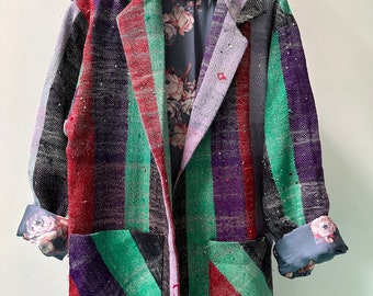 Moroccan Plaid Over Coat Orchid #1,  Hand Made Moroccan Coat, Contrast Floral Lining with Flowers