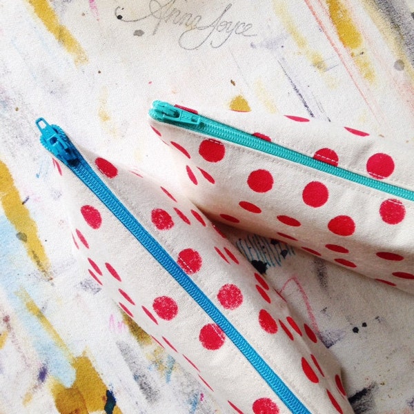 SECONDS SALE Red Polka Dot Zipper Pouch, Hand Printed, Free shipping