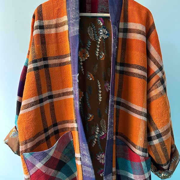 Moroccan Plaid Cocoon Coat #4 Orange Crush  Hand Made Moroccan Coat, Contrast Floral Lining with Flowers
