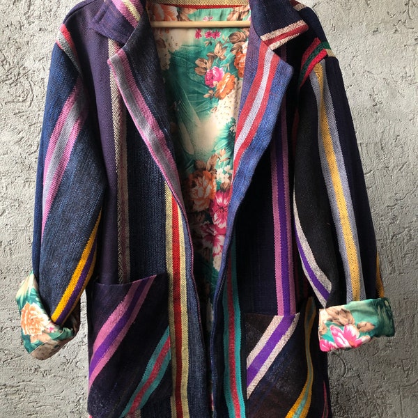 Marrakech Stripe #4, Hand Made Moroccan Coat, Contrast Floral Lining with Flowers