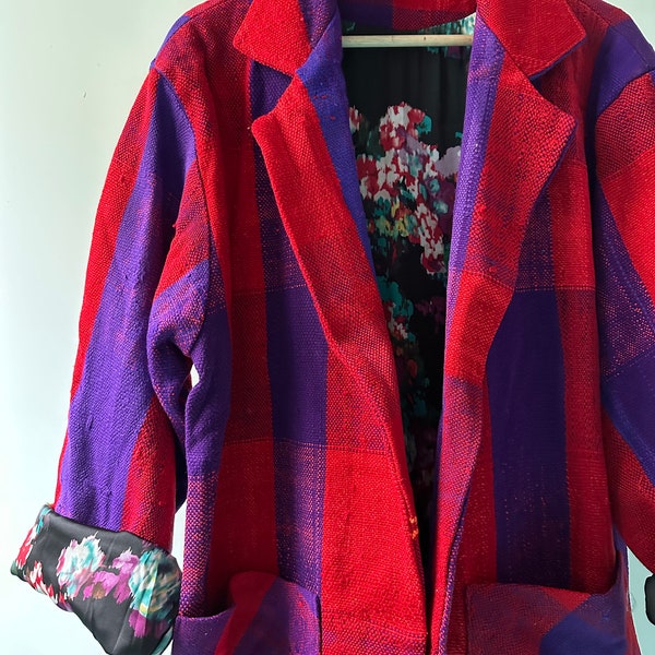 Moroccan Plaid Over Coat Violet Vibrations Hand Made Moroccan Coat, Contrast Floral Lining with Flowers