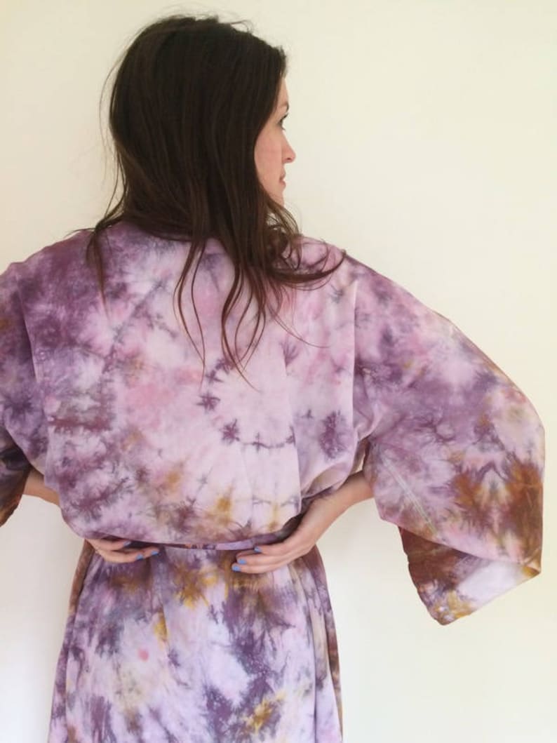 Hand Dyed Robe in Super Bloom, Purple and Ocher Tie Dyed Rayon Bathrobe, Anna Joyce, Portland, OR. 