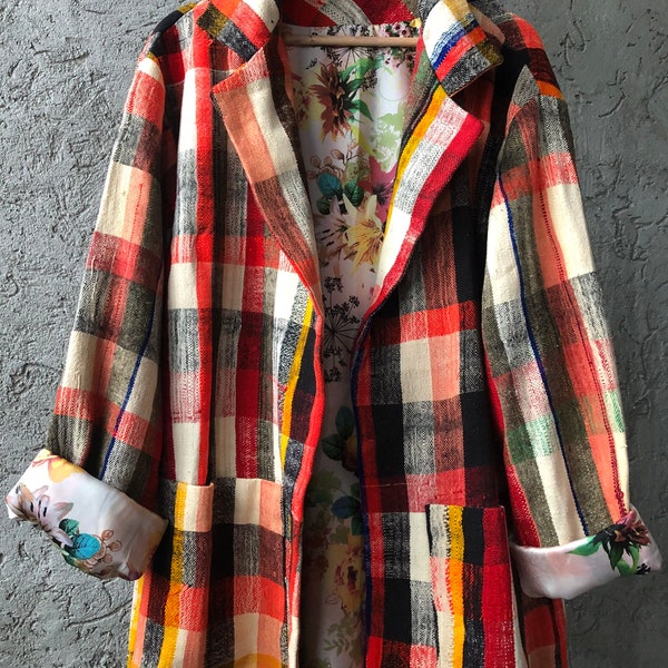 Moroccan Plaid #4,  Smaller, Hand Made Moroccan Coat, Contrast Floral Lining with Flowers