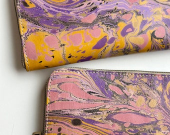 Hand Marbled Leather Wallet in Tumeric,  Hand Made in Morocco, Anna Joyce