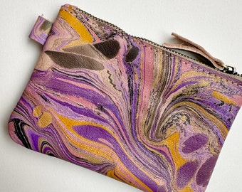 READY to SHIP, Hand Marbled Leather Zipper Pouches in Tumeric Pop ,   Hand Made in Morocco, Anna Joyce