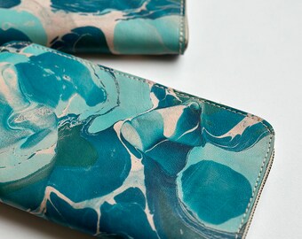 Hand Marbled Leather Wallet in Pool,  Hand Made in Morocco, Anna Joyce