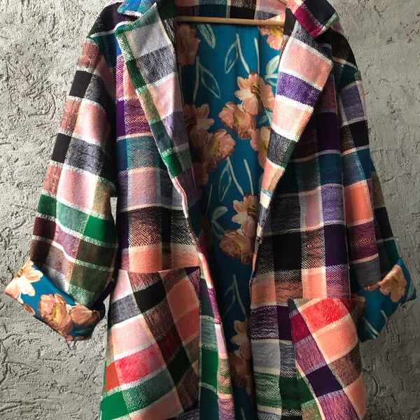 Moroccan Plaid #6, Smaller, Hand Made Moroccan Coat, Contrast Floral Lining with Flowers