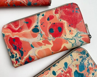 Hand Marbled Leather Wallet in Warm Tile,  Hand Made in Morocco, Anna Joyce