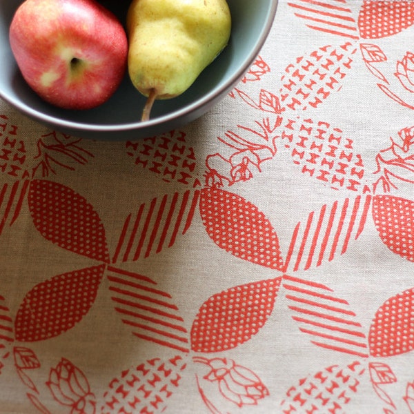 Red Linen Table Runner, Hand Printed, Anna Joyce Textile Collection, 13 x 72