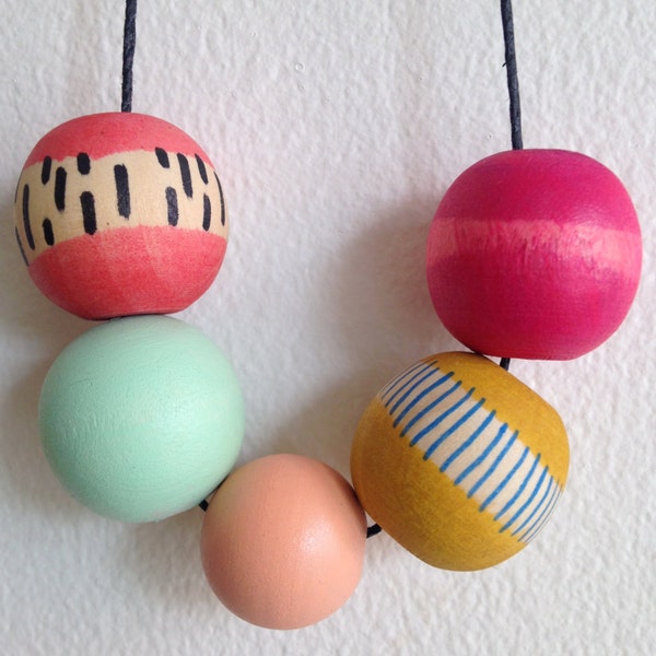 Hand Painted Wooden Bead Necklace in Watermelon Lemonade,  Anna Joyce, Portland, OR.