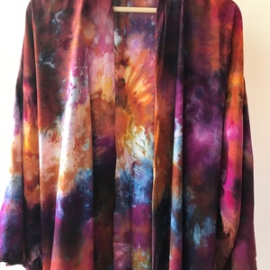 Hand Dyed Robe in Tiger's Eye , Tie Dyed Rayon Bathrobe, Cover Up, Duster,  Anna Joyce, Portland, OR.