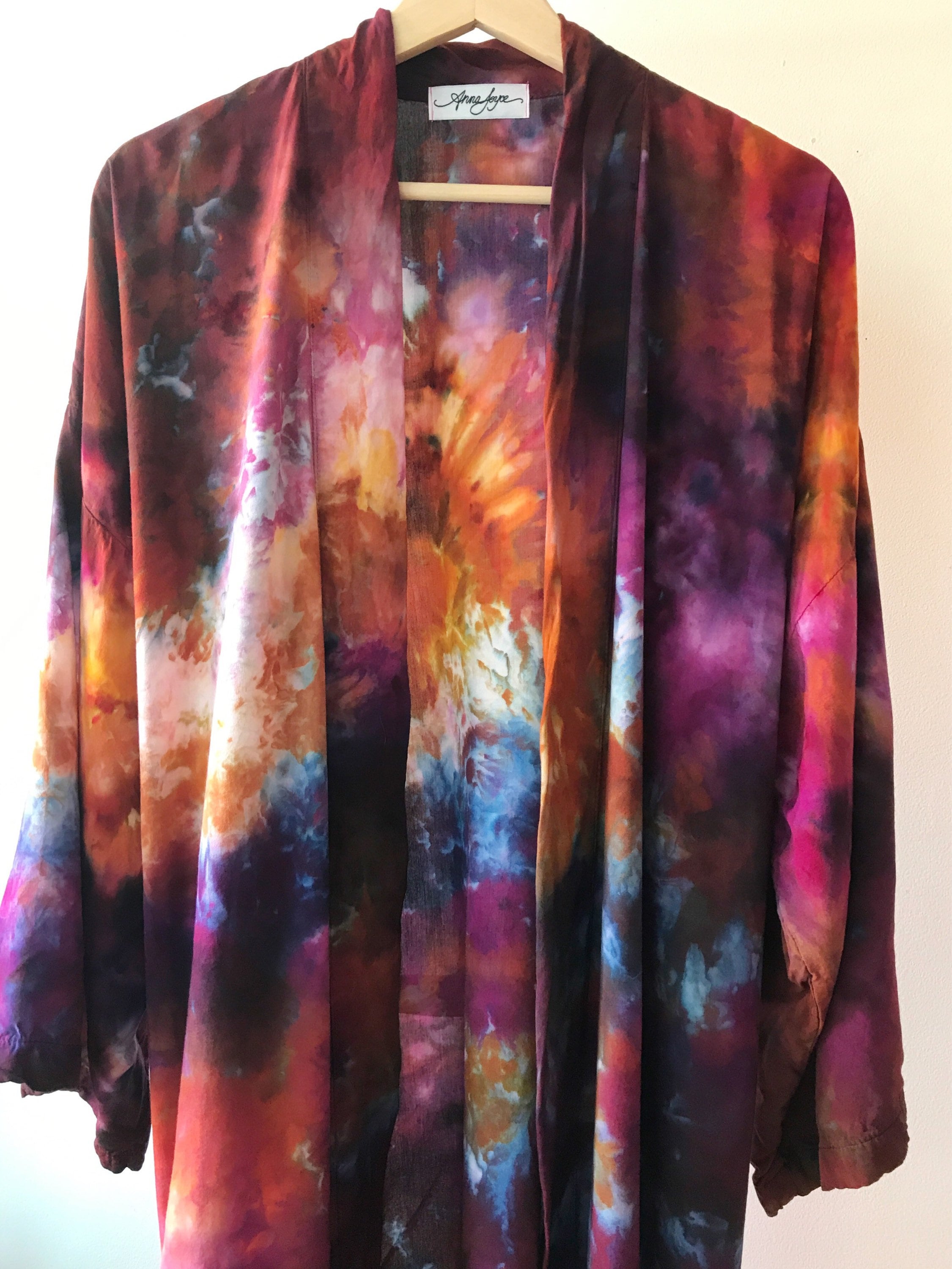 Hand Dyed Robe in Tiger's Eye , Tie Dyed Rayon Bathrobe, Cover Up, Duster,  Anna Joyce, Portland, OR.