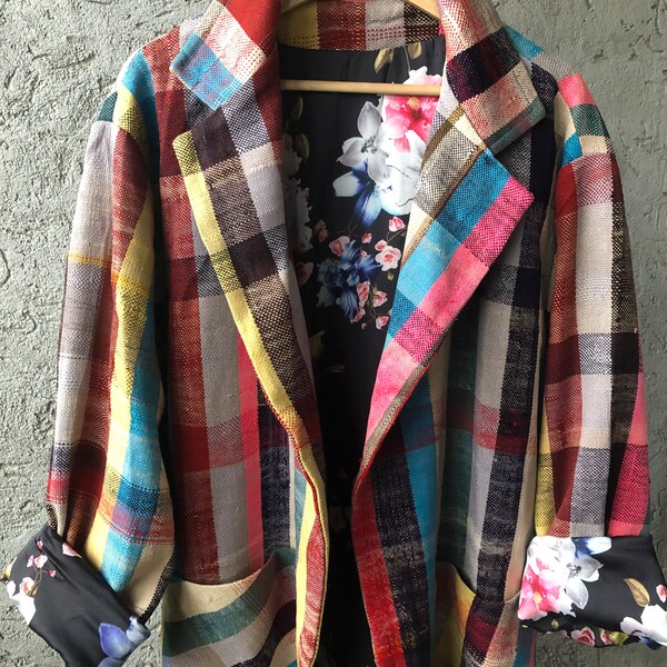 Moroccan Plaid #3,  Smaller, Hand Made Moroccan Coat, Contrast Floral Lining with Flowers