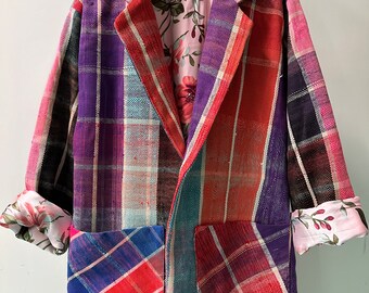 Moroccan Plaid Over Coat Spring Plaid #1,  Hand Made Moroccan Coat, Contrast Floral Lining with Flowers