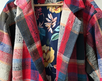 Moroccan Plaid Over Coat Warm Plaid,  Hand Made Moroccan Coat, Contrast Floral Lining with Flowers