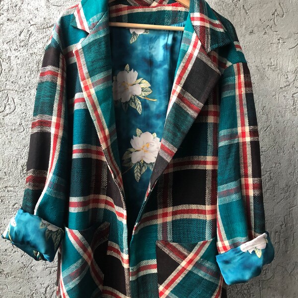 Moroccan Plaid #9, Larger, Hand Made Moroccan Coat, Contrast Floral Lining with Flowers