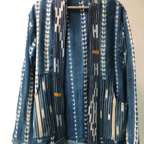Indigo Dyed Moroccan Jacket #7 Ochre Pop, Hand Dyed, Cotton, Hand Sewn, Open Front Anna Joyce