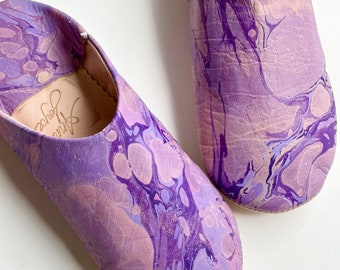 Hand Made Marbled Leather Babouche Slippers in Aziza, Handmade in Marrakech Morocco,