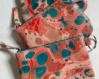 READY to SHIP, Hand Marbled Leather Zipper Pouches in Warm Tile,   Hand Made in Morocco, Anna Joyce