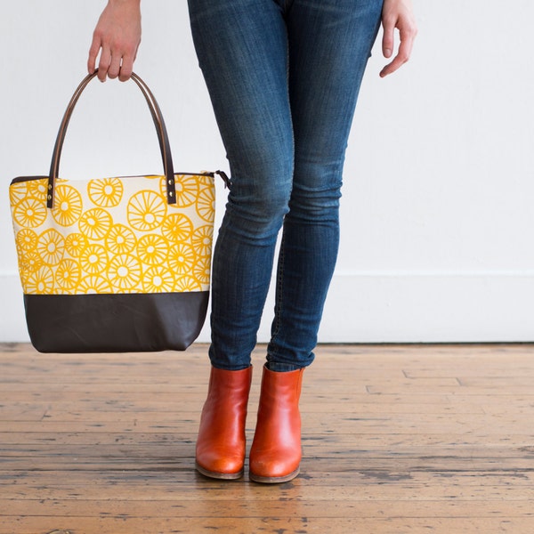 READY TO SHIP Anemone Tote in Yellow Ocher, Hand Printed, Leather, Brass Zipper