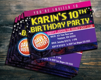 Custom 5 x 7 Dave & Busters Party Invites - PINK PIXEL PARTY