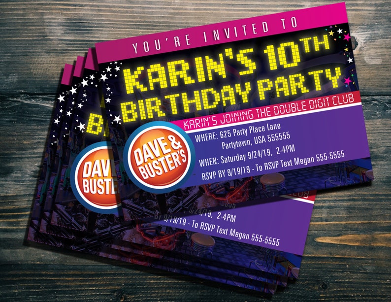 Custom 5 x 7 Dave &amp; Busters Party Invites PINK PIXEL PARTY | Etsy