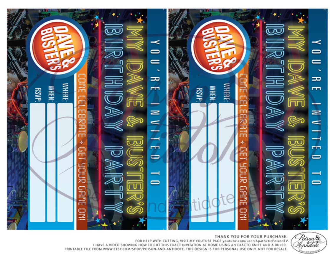 DIY Fill-in 5 X 7 Dave &amp; Busters Party Invites - Etsy