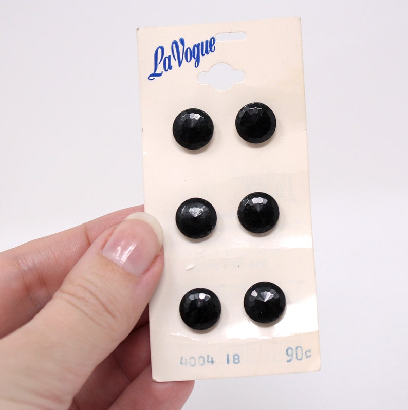 Vintage La Vogue 6 Pack Black Glass Faceted Shank Sewing Buttons 4004, Vintage Sewing, Retro Sewing image 2