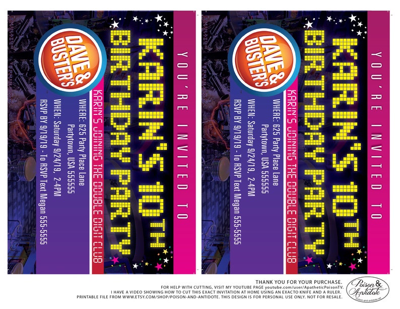 Custom 5 X 7 Dave &amp; Busters Party Invites PINK PIXEL PARTY - Etsy