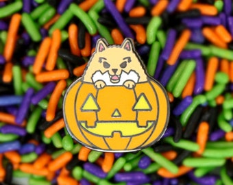 Great Pom-Kin - 1-Inch Hard Enamel Pin - Halloween Dog in Pumpkin Enamel Pin