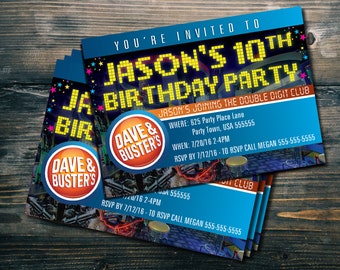 Custom 5 x 7 Dave & Busters Party Invites - PIXEL PARTY