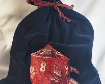 Large Velvet Dice Bag red embroidered die on navy velvet D&D Gaming