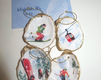 Winter Ski Mountain Essential Set Collection Oyster Shell Wine Stem Charms (Set of 4)
