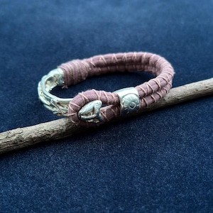 925 Sterling Silver Cat Headed Ethnic Fabric Bracelet