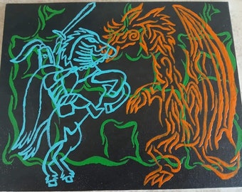Knight Slays Dragon Line Art