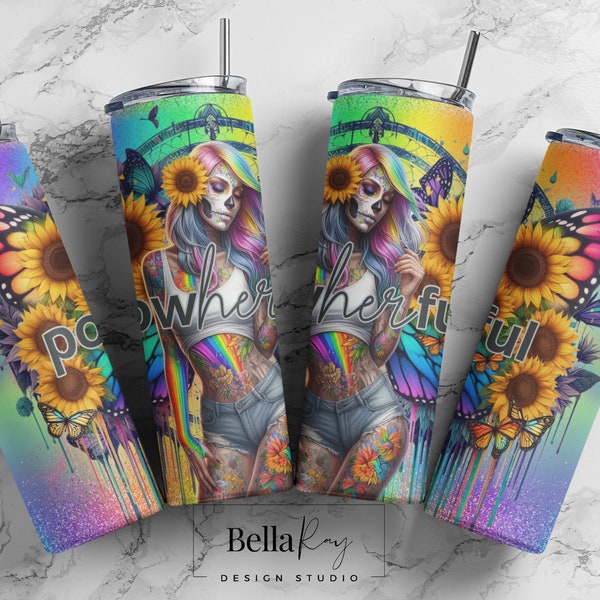 PowHERful, Rainbow badass bitch glitter, tattoos, sugar skull, Teal & purple, Png Sublimation, digital download, 20oz skinneyTumbler Png