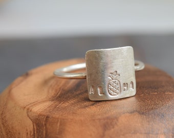 Aloha Handstamped Ring - Square Ring - Sterling Silver