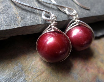 Enchanted - Woven Freshwater Pearl Drop Earrings - Red Cranberry Pearls and Sterling Silver Earrings - Modern - Gift for Her