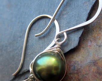 Enchanted - Modern Woven Wire Freshwater Pearl Drop Earrings - Emerald Green Pearls and Sterling Silver - Gift for Her - Dangle