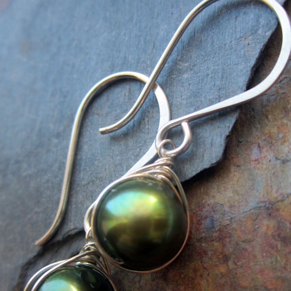 Enchanted - Modern Woven Wire Freshwater Pearl Drop Earrings - Emerald Green Pearls and Sterling Silver - Gift for Her - Dangle