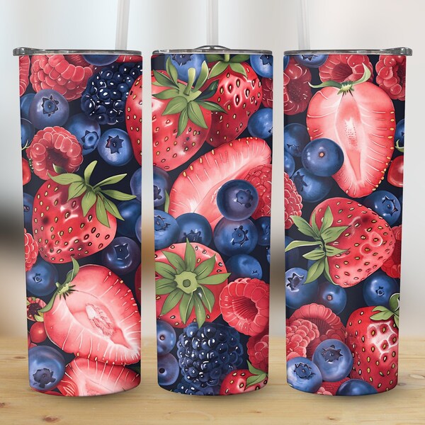 Strawberries Blueberries Spread Tumbler Wrap, Sublimation Design, 20 oz Skinny Tumbler, Tumbler PNG