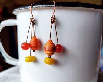 Paper Bee Hives Earrings - Paper, Carnelian, Lampwork Glass, Copper