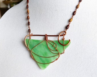 Supergreen Necklace - Etched Fused Glass, Wood, Copper