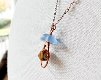 Floats Necklace: Nautical Blue Glass Bead Pendant