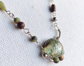 The Chaos of Bob - Lampwork Glass, Wood, Chrysoprase, & Sterling Silver Necklace - OOAK