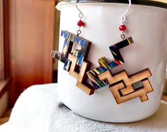 Interwoven Earrings - Upcycled Wooden Puzzle Pieces, Cut Glass, & Sterling Silver